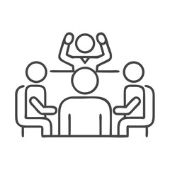 An illustrated meeting scene with a diverse group of professionals engaged in discussion.