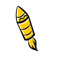 A vibrant, stylized yellow rocket illustration soaring upward, symbolizing innovation and creativity.