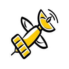 An animated illustration of a yellow satellite, symbolizing communication and technology.
