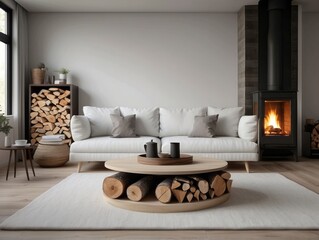 White sofa with blanket and wooden coffee table against fireplace with firewood stack
