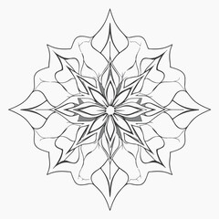 A monochrome, intricate mandala-like design with radiating petals and symmetrical patterns, perfect for coloring or decorative purposes.