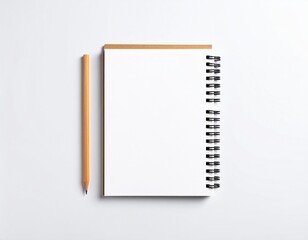 A blank spiral bound notebook lies open on a clean white surface, with a simple wooden pencil resting beside it, ready for notes or creative ideas to begin.