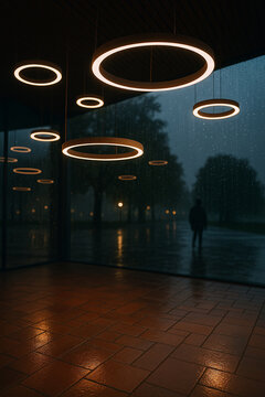 Warm Circular Pendant Lights Inside Modern Building on a Rainy Evening