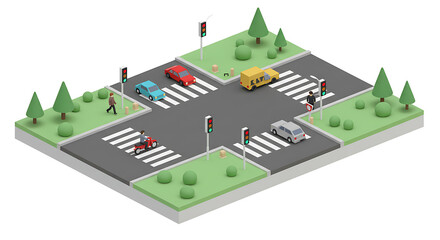 Isometric illustration of a city intersection with traffic lights, pedestrians, and vehicles navigating crosswalks.