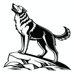 Monochromatic Majestic Wolf Illustration Howling on a Rock Silhouette with Fine Details and Expressive Lines in Black and White