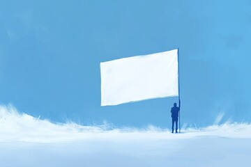 Person Holding Blank Flag Against Clear Blue Sky in Minimalist Style