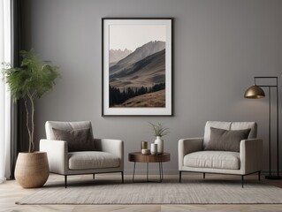 Grey armchair near beige loveseat sofa minimalist home interior wall copy space