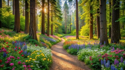 A serene forest with a winding path leading to a cluster of vibrant wildflowers