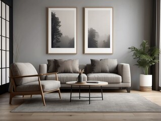 Grey armchair near beige loveseat sofa minimalist home interior wall copy space