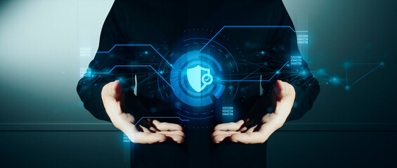 hand of businessman interactive touching a holographic of transaction financial network data...
