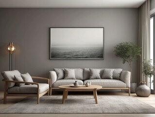 Grey armchair near beige loveseat sofa minimalist home interior wall copy space