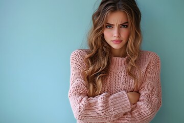Obraz premium Woman in a soft pink sweater expressing discomfort or concern for her health