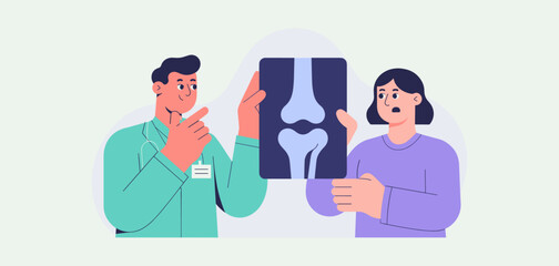 Fototapeta premium doctor showing knee x-ray to concerned patient, vector illustration for medical consultation, joint pain diagnosis and orthopedic examination
