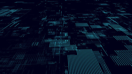 Vector digital database cyberspace. Decoding algorithms hacked software. Cyber security with moving blue articles. Big data visualization.