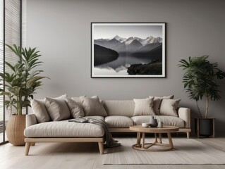 Grey armchair near beige loveseat sofa minimalist home interior wall copy space