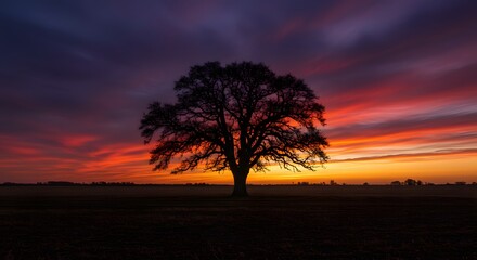 Fototapeta premium Majestic Silhouette: Solitary Oak at Sunrise