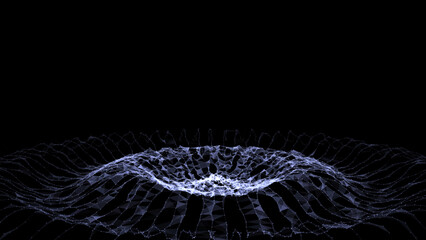 Abstract music sound wave with dots and lines. Dark cyberspace with moving particles. Vector futuristic purple circle wave with digital database. Big data analytics.