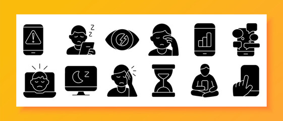 Digital fatigue set icon. Shows phone messages, eye rubbing, laptop strain, sleep screen, headache, hourglass, alert phone, tap gesture, seated person, bar chart, eye stress, sleepiness