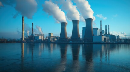 Power - generating station by the water with cooling towers and smokestacks emitting steam, set against a clear blue sky with reflections on the water surface 