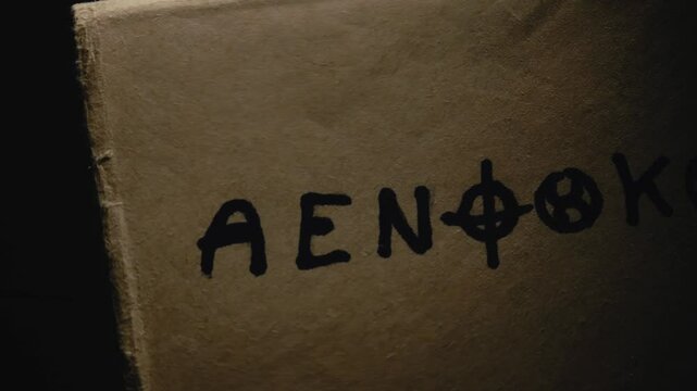 Light beam Slide reveals cryptic Zodiac cipher text message on aged paper