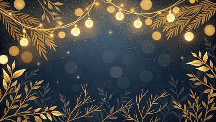 dark background with glowing, bokeh-style gold lights scattered throughout. Elegant golden branches frame the edges, creating a festive and warm atmosphere, reminiscent of a holiday or celebration
