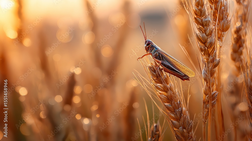 Aufkleber a grasshopper sits on a wheat stalk as the sun sets, illuminating the field with warm light.