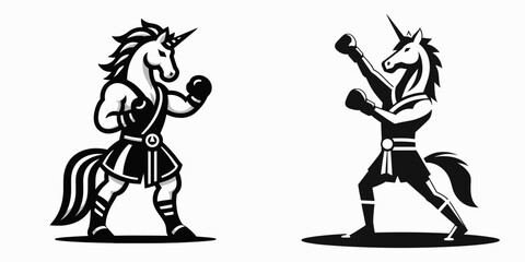 Unicorn in muay thai costume. Boxing Sport Cartoon Animal Clipart Line Art Vector Illustration. Horned horse outfit fantasy creature combat gear.