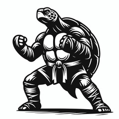 Fototapeta premium Turtle in muay thai costume. Boxing Sport Cartoon Animal Clipart Line Art Vector Illustration. Reptile kickboxing garb martial arts outfit fighter apparel fancy dress.