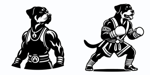 Rottweiler Dog in muay thai costume. Boxing Sport Cartoon Animal Clipart Line Art Vector Illustration. Tough rottie canine gear fighter pet apparel.