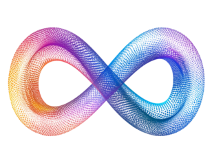 Infinity Symbol Composed of Colorful Gradient Dots in Motion, Dynamic Abstract Concept, isolated on transparent background