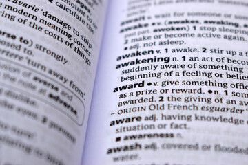 Close Up Of English Dictionary Page With Definition Word -Award