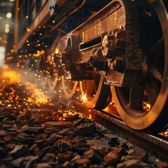 Dynamic grinding of train wheels creating sparks against rugged metal track