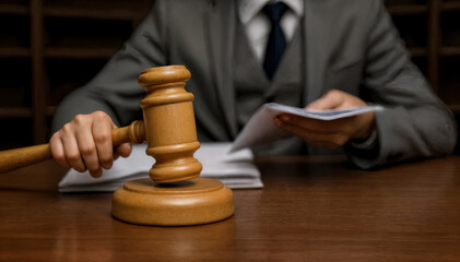 judge holds documents in one hand and a wooden gavel in the other