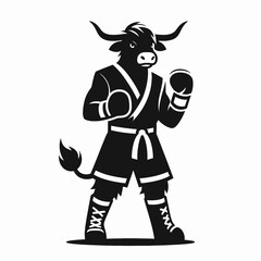 Fototapeta premium Highland Cow in muay thai costume. Boxing Sport Cartoon Animal Clipart Line Art Vector Illustration. Shaggy cattle combat apparel scottish bovine garment.