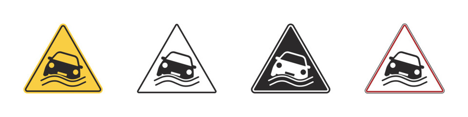 Set of warning signs flooding hazard. Car submerged in water, flood street and a flood road, yellow triangular warning sign. Emergency situation, danger of falling car in sea. Vehicle in water. Vector