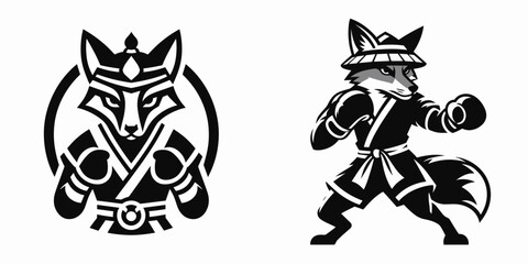 Fox in muay thai costume. Boxing Sport Cartoon Animal Clipart Line Art Vector Illustration. Canine figure kickboxing attire mascot wearing gear.