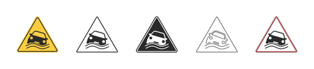 Set of warning signs flooding hazard. Car submerged in water, flood street and a flood road, yellow triangular warning sign. Emergency situation, danger of falling car in sea. Vehicle in water. Vector