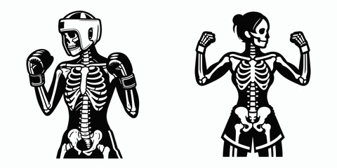 female skeleton in muay thai costume. Boxing Sport Cartoon Animal Clipart Line Art Vector Illustration. Woman bones outfit halloween dead fighter concept.
