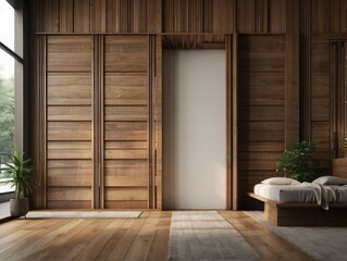 Minimalist interior design of modern rustic entrance hall with with abstract wooden room divider