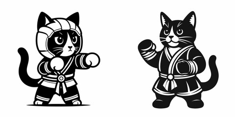 Obraz premium Domestic Shorthair Cat in muay thai costume. Boxing Sport Cartoon Animal Clipart Line Art Vector Illustration. House fighter outfit feline martial dress kitty combat garb.