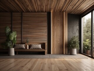 Minimalist interior design of modern rustic entrance hall with with abstract wooden room divider