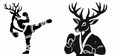Deer in muay thai costume. Boxing Sport Cartoon Animal Clipart Line Art Vector Illustration. Cervidae figure wearing combat attire exotic wild creature outfit.