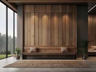 Minimalist interior design of modern rustic entrance hall with with abstract wooden room divider