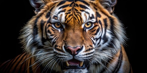 Obraz premium A tiger's face in close-up with sharp teeth and piercing eyes