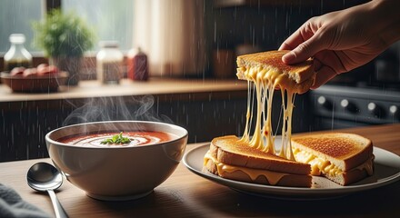 Gooey Grilled Cheese and Tomato Soup on a Rainy Day