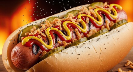 Grilled Hot Dog with Mustard, Ketchup, and Crispy Onions