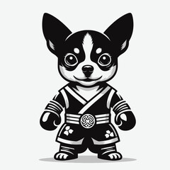 Chihuahua Dog in muay thai costume. Boxing Sport Cartoon Animal Clipart Line Art Vector Illustration. Tiny canine kickboxing attire small breed fighter concept.