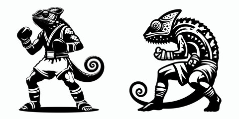 Chameleon in muay thai costume. Boxing Sport Cartoon Animal Clipart Line Art Vector Illustration. Reptile wearing attire fighter concept for graphic design need.