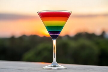 Rainbow cocktail in a martini glass at sunset