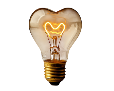 Heart shape bulb light glowing warmly, isolated on transparency background, symbolizing love, creativity, and innovation, perfect for romantic or inspirational concepts